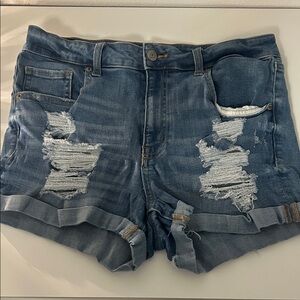 Aeropostale Distressed Rolled-Hem Denim Shorts in Blue